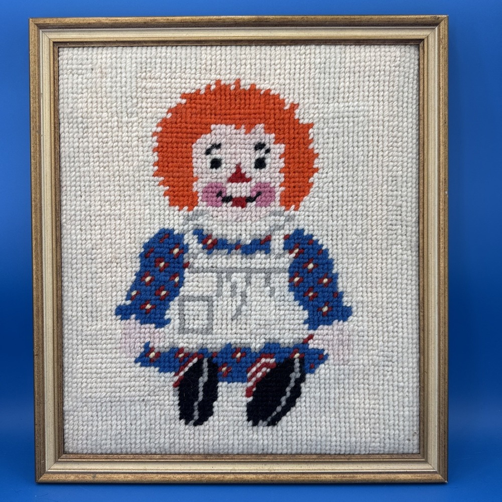 VTG Large Raggedy Ann Needlepoint Framed Wall Art Handmade 1970s Nursery Decor